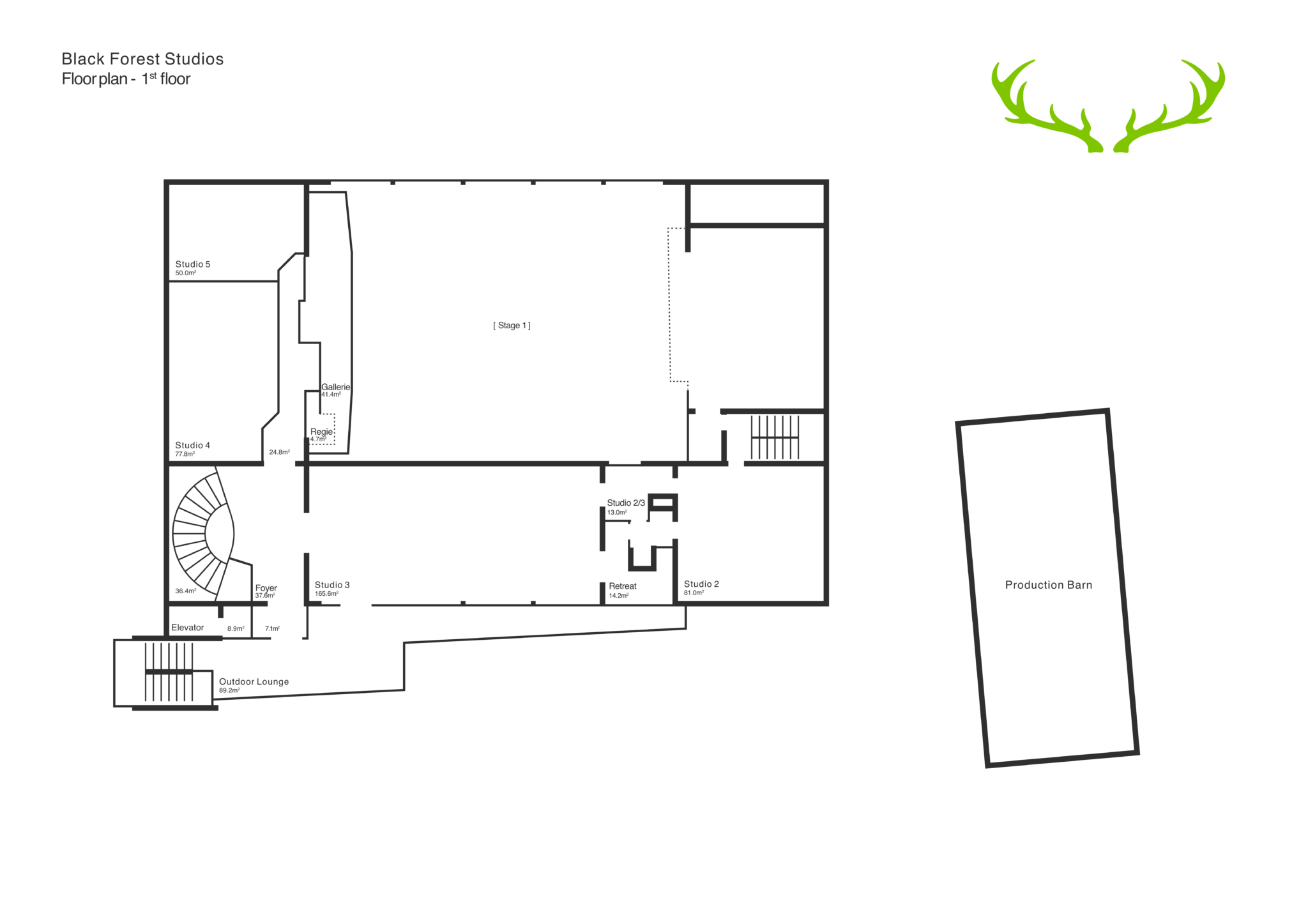 Grundriss Obergeschoss der Black Forest Studios mit Studioflächen und Produktionsräumen
